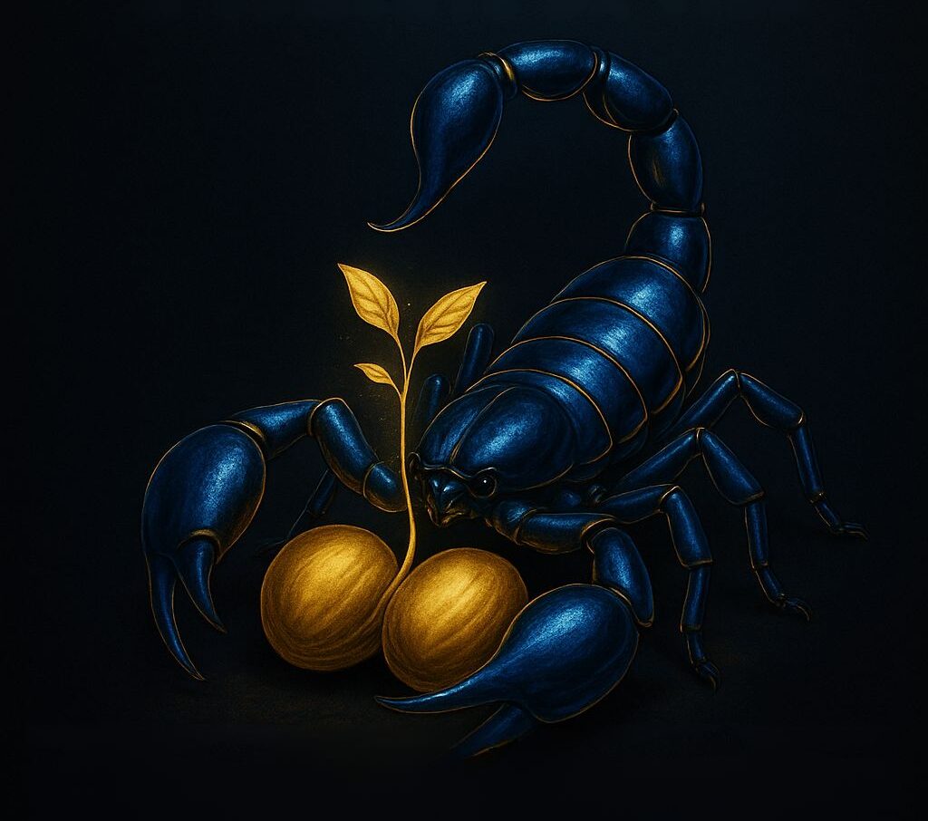 Escorpião Azul protegendo a semente dourada